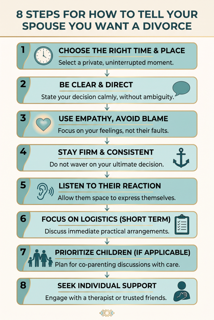 Infographic showing 8 steps for how to tell your spouse you want a divorce including choosing the right time, using empathy, and staying firm