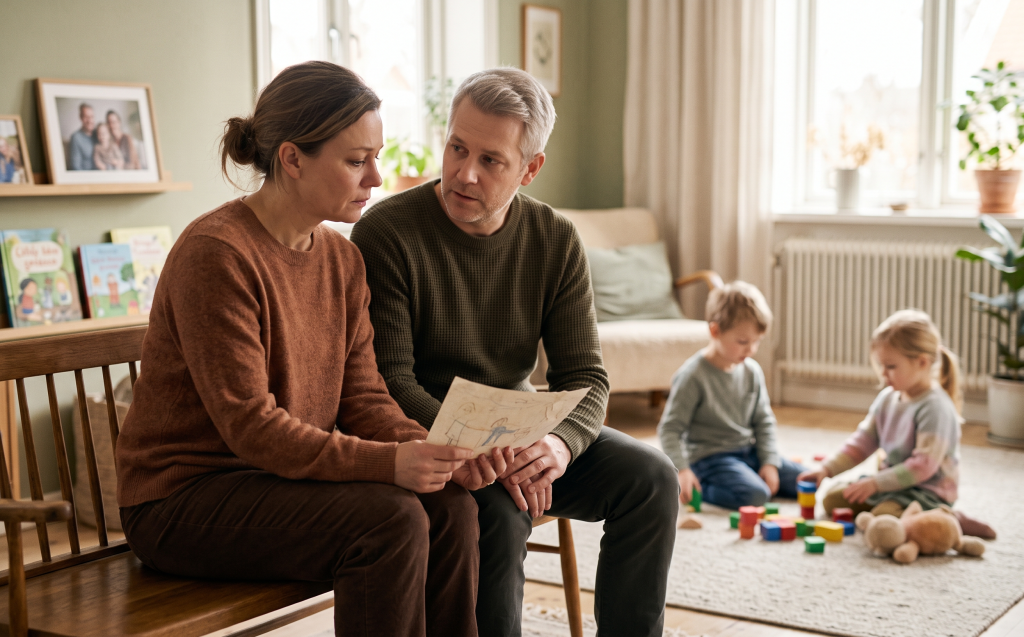 Two parents sitting together with children playing in the background representing co-parenting through divorce