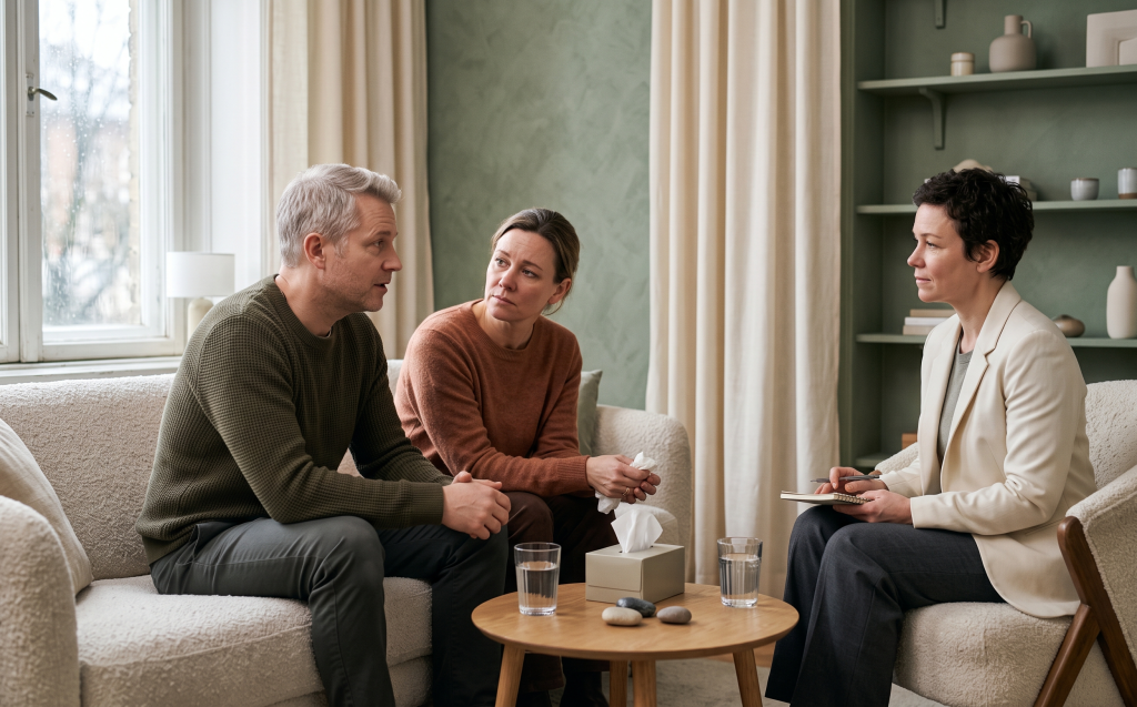 Couple in a therapist's office having a difficult conversation about divorce with professional support present