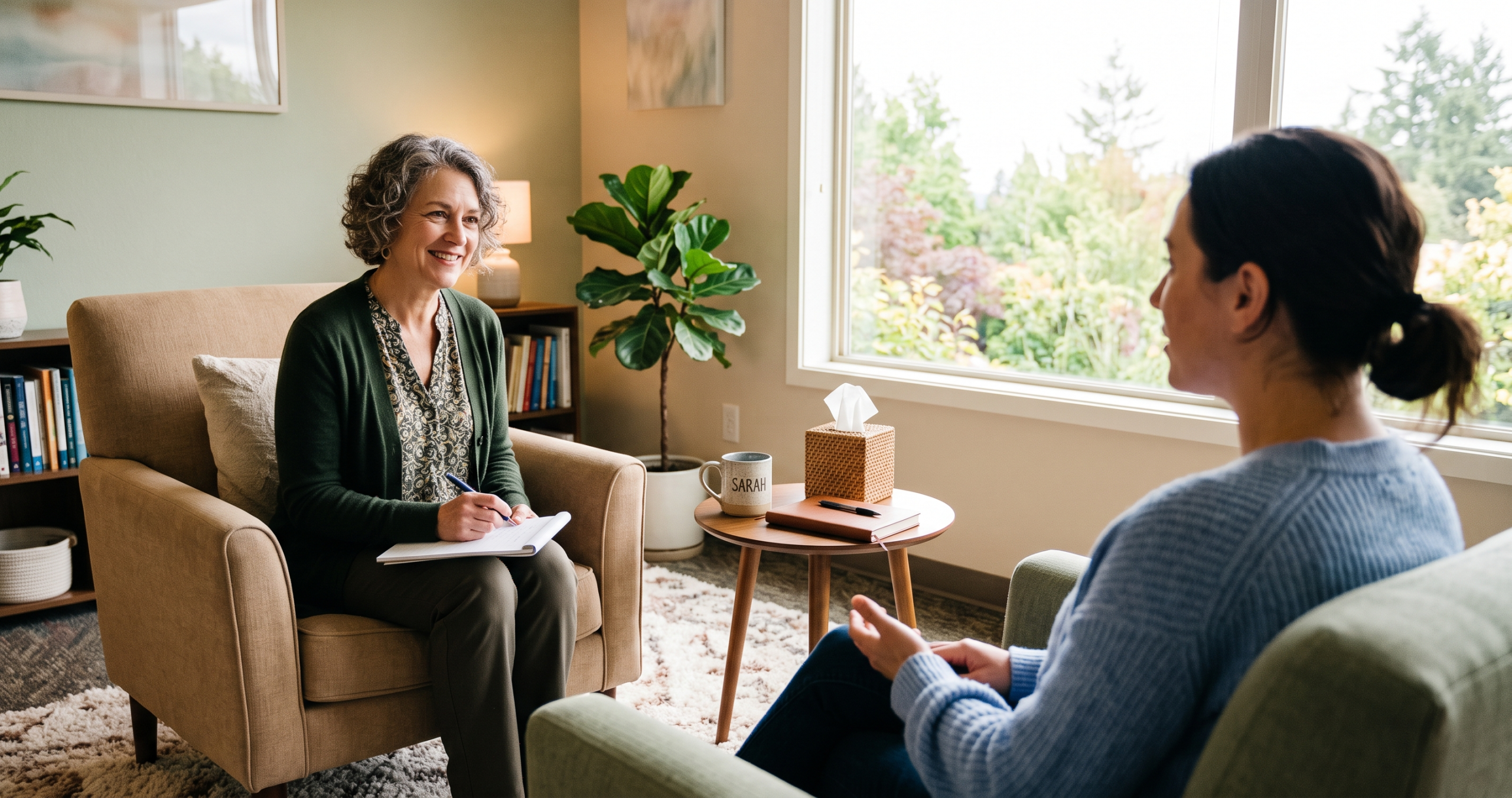 Woman speaking with a licensed divorce counselor during a therapy session in a warm, welcoming office