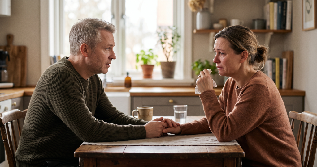 Two people sitting across from each other having a difficult conversation about divorce in a home setting