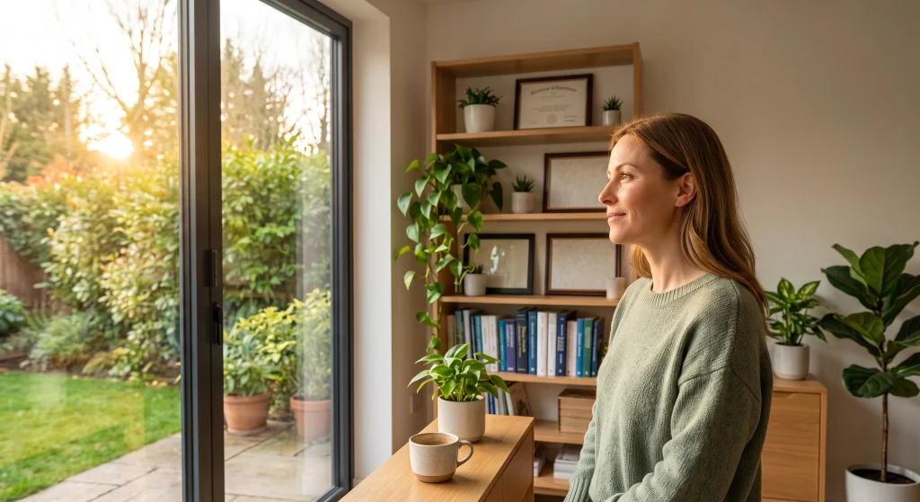 Woman looking forward with hope after completing divorce counseling