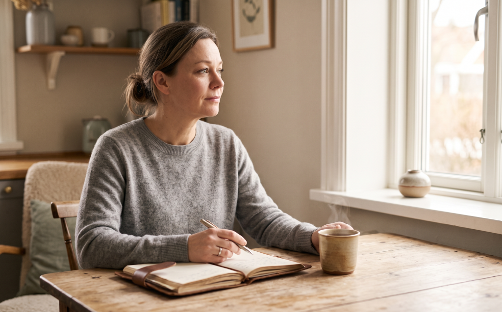 Person journaling or drinking tea in a peaceful setting representing self-care and healing after a difficult divorce conversation