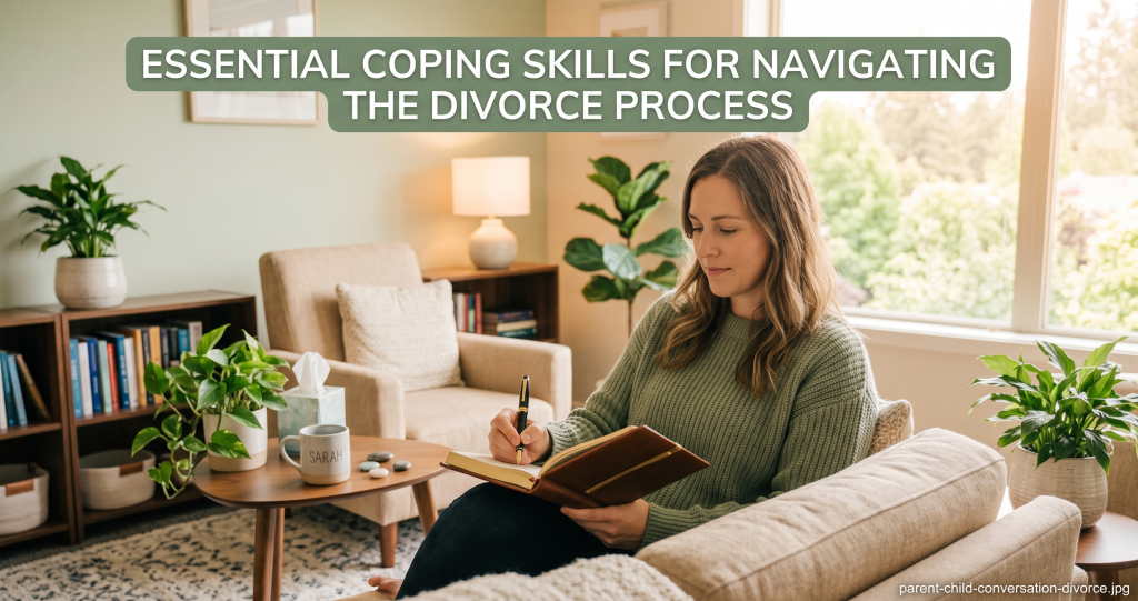 Woman journaling and practicing self-care during divorce recovery