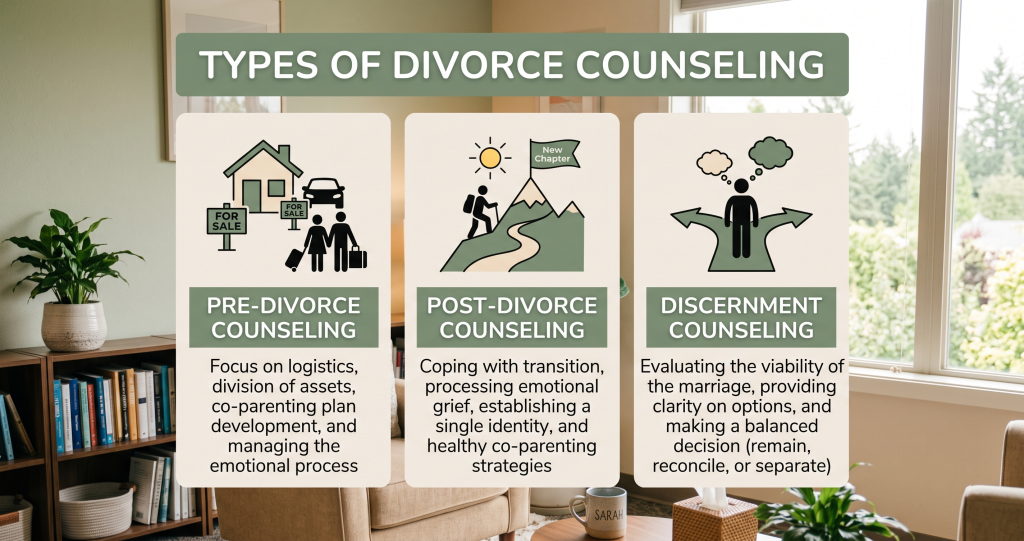 Three main types of divorce counseling: pre-divorce, post-divorce, and discernment counseling