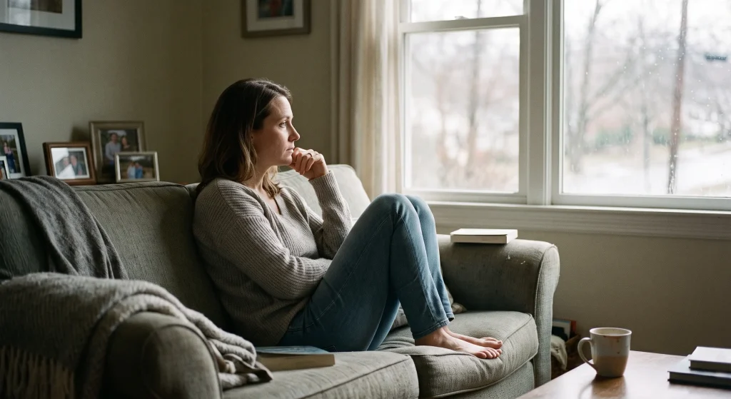 Woman reflecting on her marriage while sitting alone — Miserable Husband Syndrome